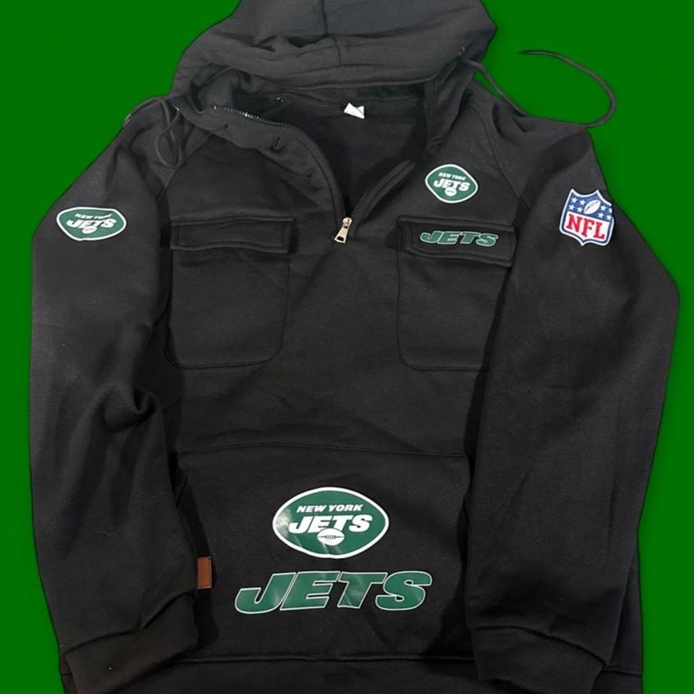 NFL New York Jets Mens Black Quarter Zip Hoodie Green Logo Pullover Sweatshirt